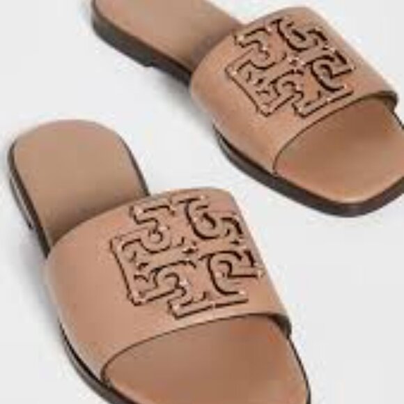 NIB Tory Burch Ines Slide T Logo Leather Sandals ALMOND FLOUR - Picture 2 of 5